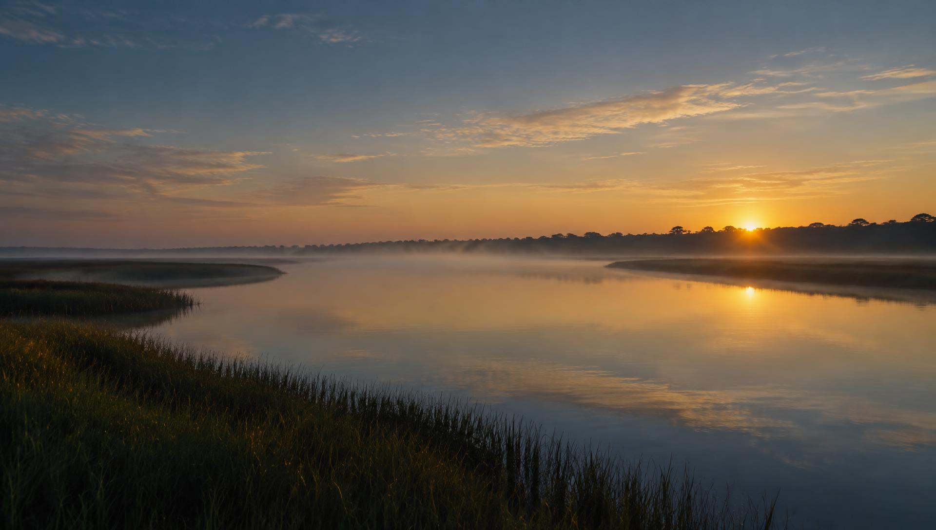 First light over a still coastal waterway on the North Carolina coastal plain